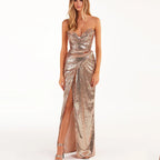 Sequined Strapless Slit Lace Up Ankle Length Dress