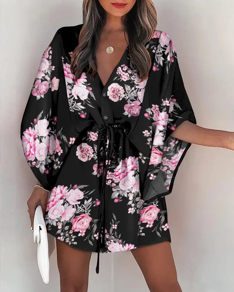 Casual Flora Print Batwing Sleeve LaceUp Dress