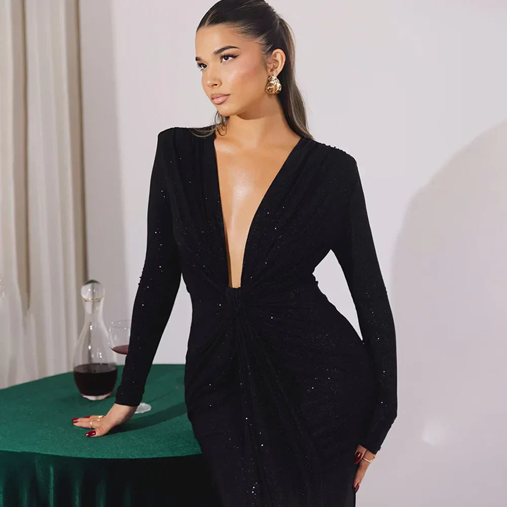 Elastic Deep V - Fold Lace Maxi Dress