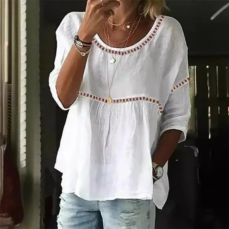 Hollow Out Splice Sevenquarter Sleeve Blouse