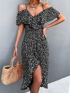 Olga Minimalist Dress Flowers and Off Shoulder Elevated Occasion Wear