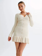 Ruffled Contrast Bow Open Back Lace - Up Knit Mini Dress
