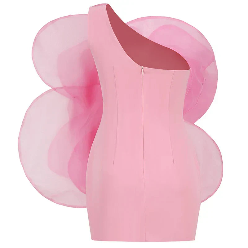 Oblique Shoulder Decorative Flower Solid Mini Dress