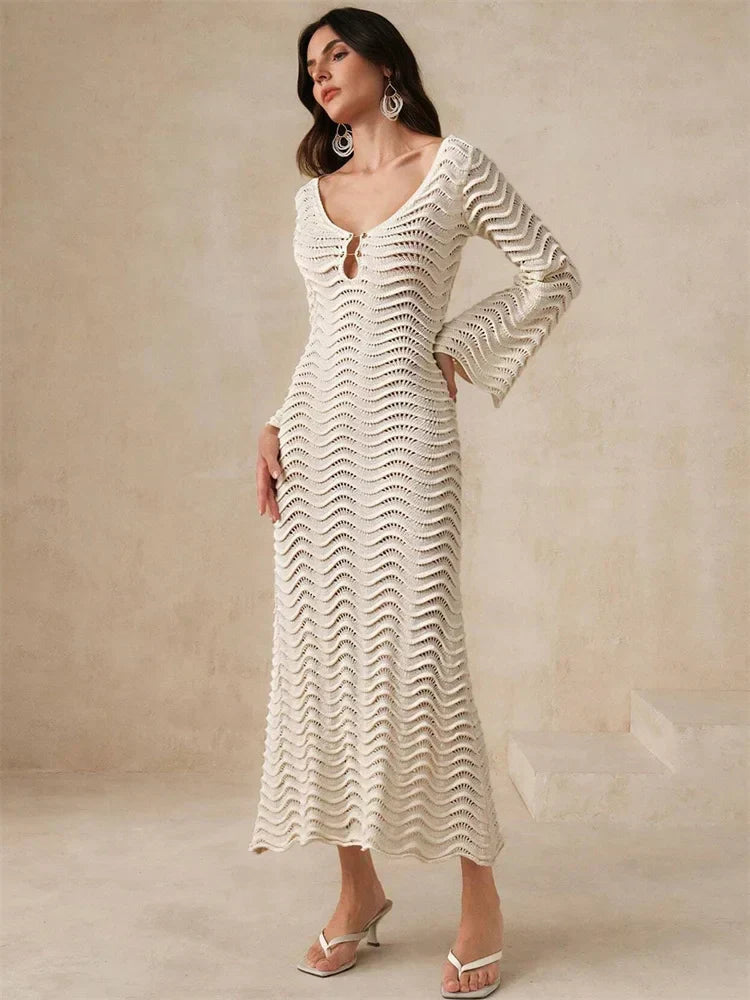 Knit Hollow - Out Loose Patchwork Lace - Up Summer Dress