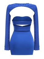 Hollow Out Diamonds Beaded Blue Dress