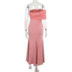 Solid One Shoulder Mesh Slit Long Dress