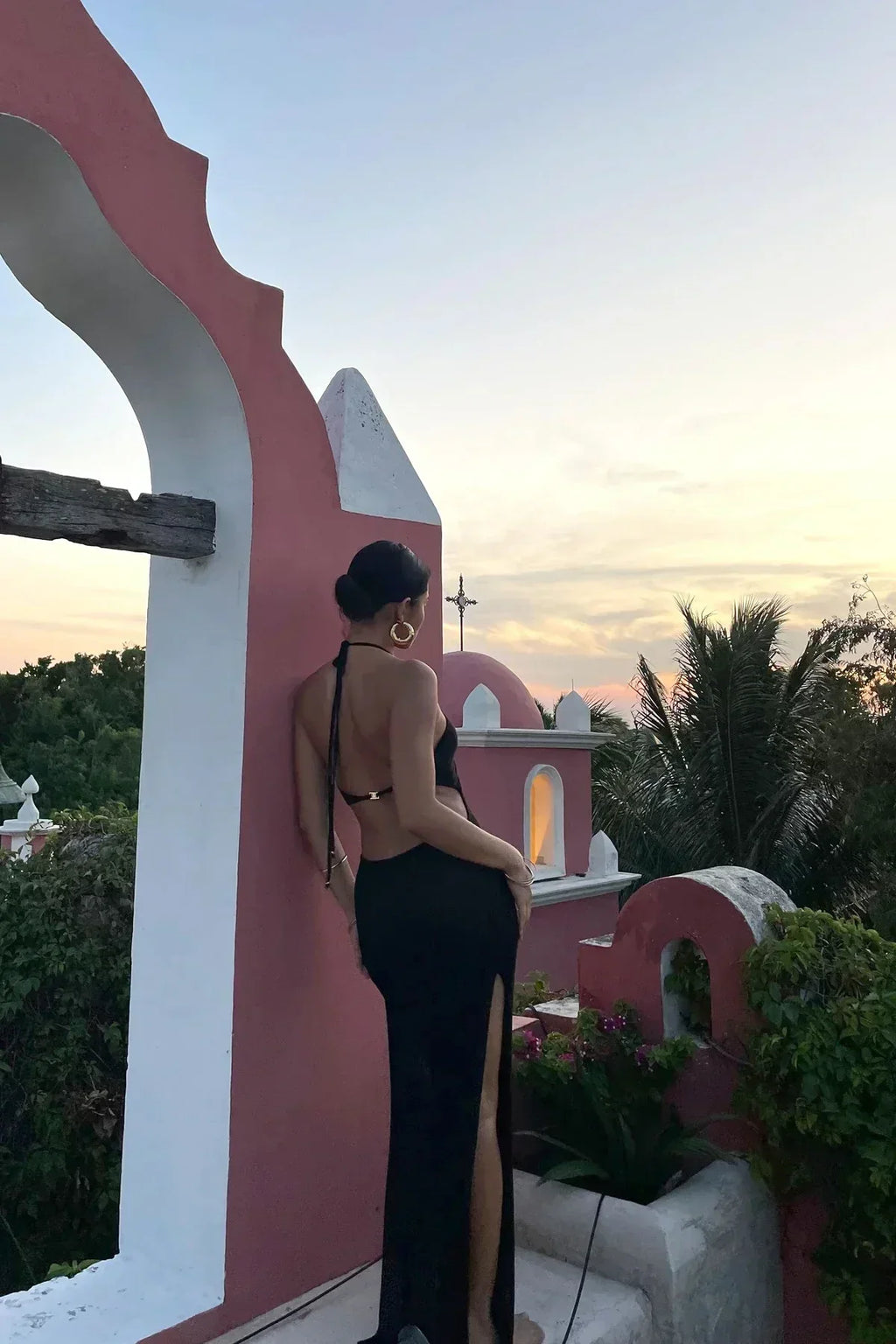 Solid Backless Halter Knit Slit Maxi Dress