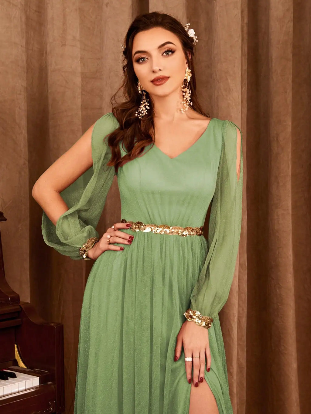 Gauze Applique Slit Vneck Maxi Dress