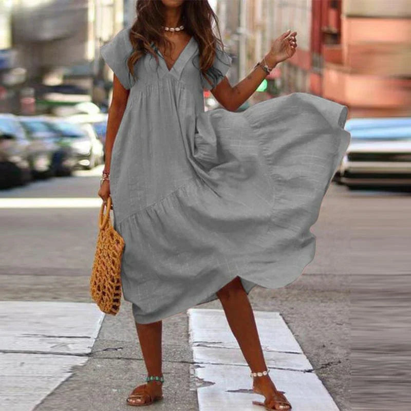 Cotton Linen Oversize Loose Vneck Boho Dress
