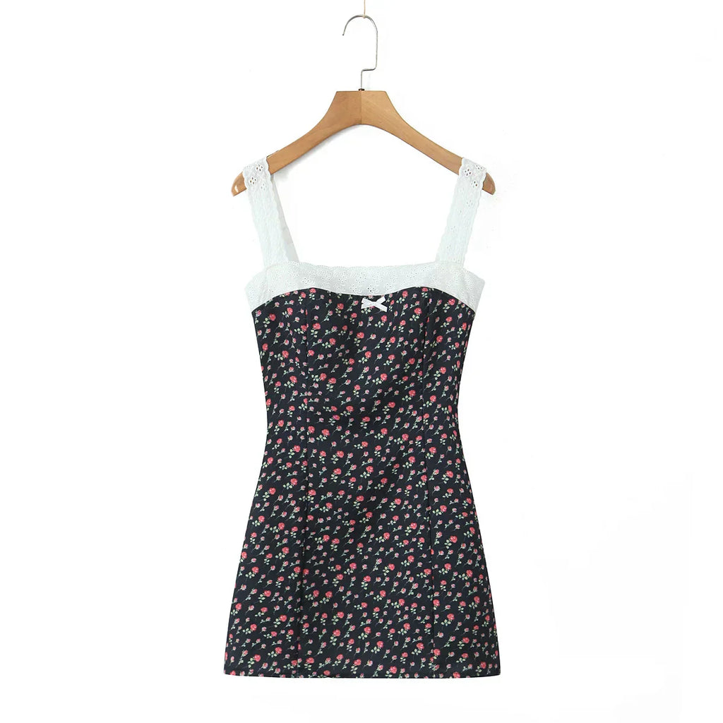 Flower Print Embroidery Lace Slash Collar Mini Dress