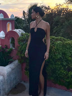 Solid Backless Halter Knit Slit Maxi Dress