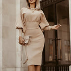Lantern Sleeve O-Neck Solid Midi Autumn Office Work Dress