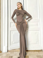 Long Sleeve Pleated Draped Maxi Dress
