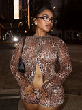 Leopard Print Single Breasted Crop Top Two Piece Shorts Set
