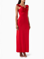 Red Flower Ruffles Strap Maxi Dress