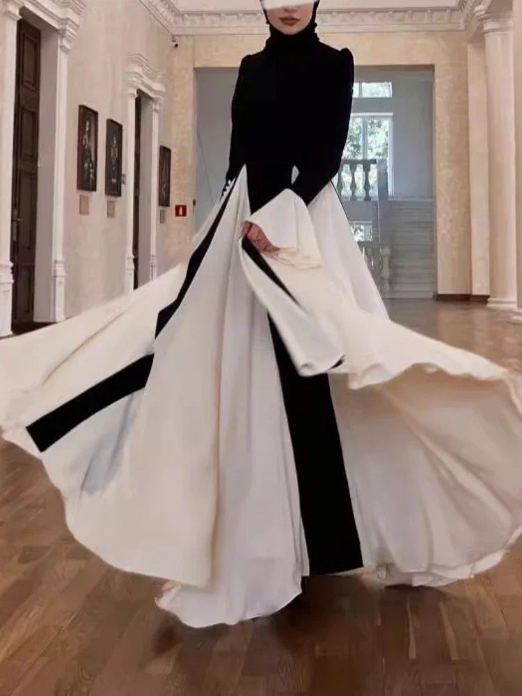Patchwork White Black Contrast Color Dress