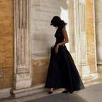 Slanted Collar Solid Pleated Long Dress