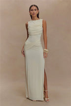 Backless Ruched O Neck Thigh High Split Long Dress