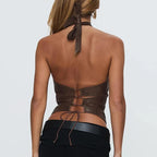 Brown Retro Lace Up Crop Top
