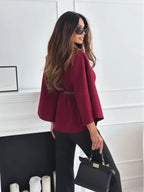 Stand Collar Cloak Top With Belt