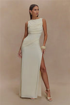 Backless Ruched O Neck Thigh High Split Long Dress