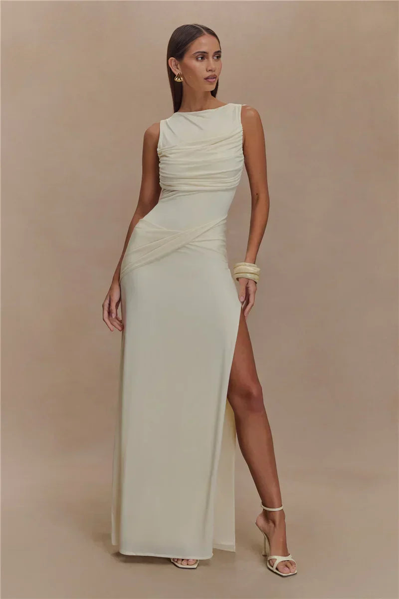 Backless Ruched O Neck Thigh High Split Long Dress