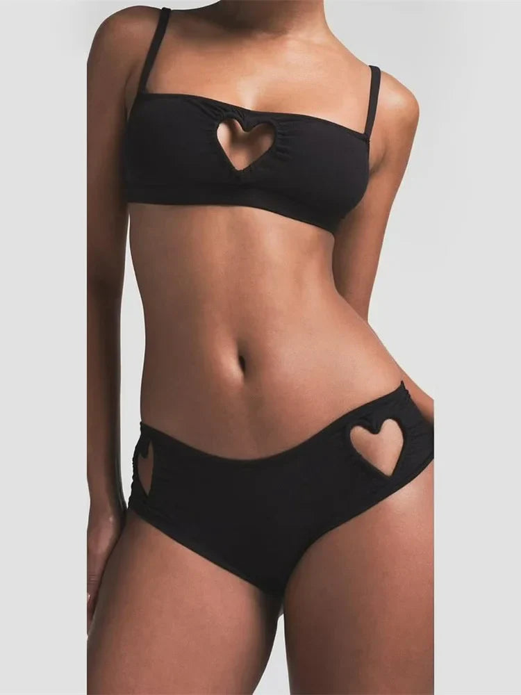 Heart Hollow Simple Vacation Camisole Two Piece Shorts Set