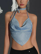 Silk Halter Glitter Ruched Backless Cami Top