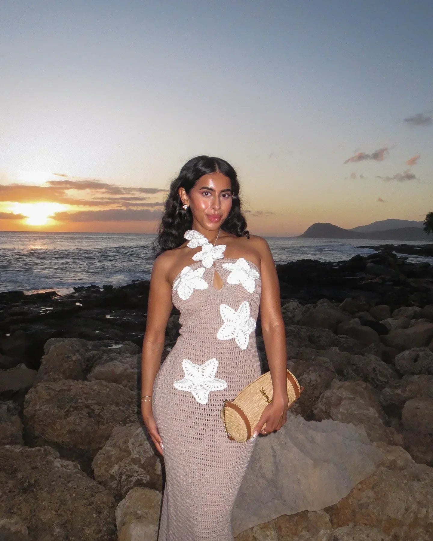 Knit Crochet Flower Applique Halter Maxi Dress