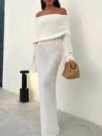 Knitted Slash Neck Vacation Mini Lace Dress