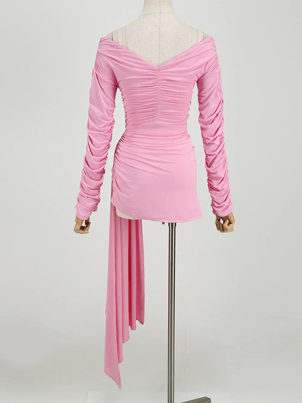 Pink Hollow Out Long Sleeved V - Neck Mini Dress