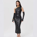 Off - Shoulder Strapless Faux Leather Patchwork Dress