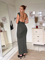 Solid Short Sleeve Backless Maxi Dress