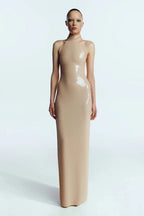 High neck bead wrapped hip skirt slit sequin dress