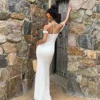 Boho Chic Women Floor Length Fishtail Dress White Lace Elegant Sexy Sleeveless Bodycon Maxi Dress Summer Clubwear