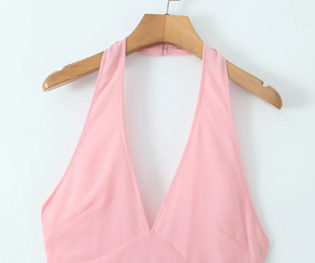Pink Deep V Collar Halter Sling Midi Dress