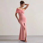Solid One Shoulder Mesh Slit Long Dress
