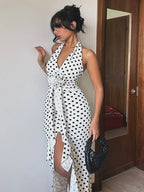 3D Flowers Polka Dot Print Backless Dress