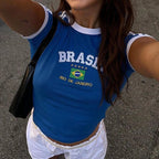 Ba Flag Letter Print Slim Fit Crop Top