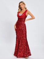 Swinging Neck Sequins Red Long Dress