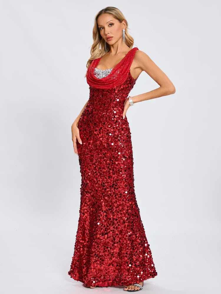 Swinging Neck Sequins Red Long Dress