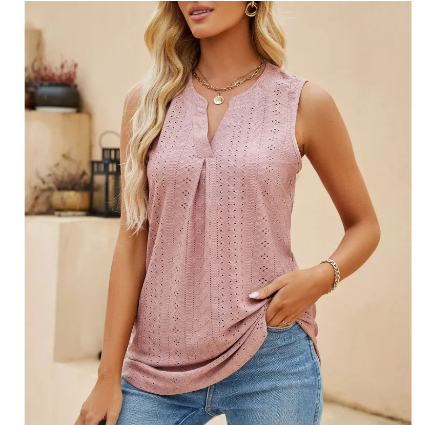 Hollow Out Vneck Sleeveless Tshirt