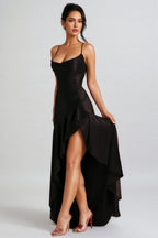 Finned Black Halter Ruffle Maxi Dress