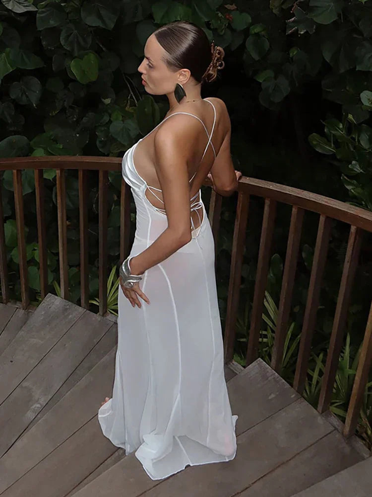Mesh White Spaghetti Strap Hollow Out Dress