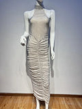 Halter Neck Backless Crystal Folds Long Dress