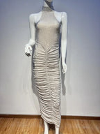 Halter Neck Backless Crystal Folds Long Dress