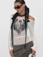 Knitted Mesh Character Print Sheer Top