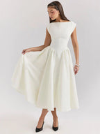 White Backless Solid Hollow Out Pleated Dress