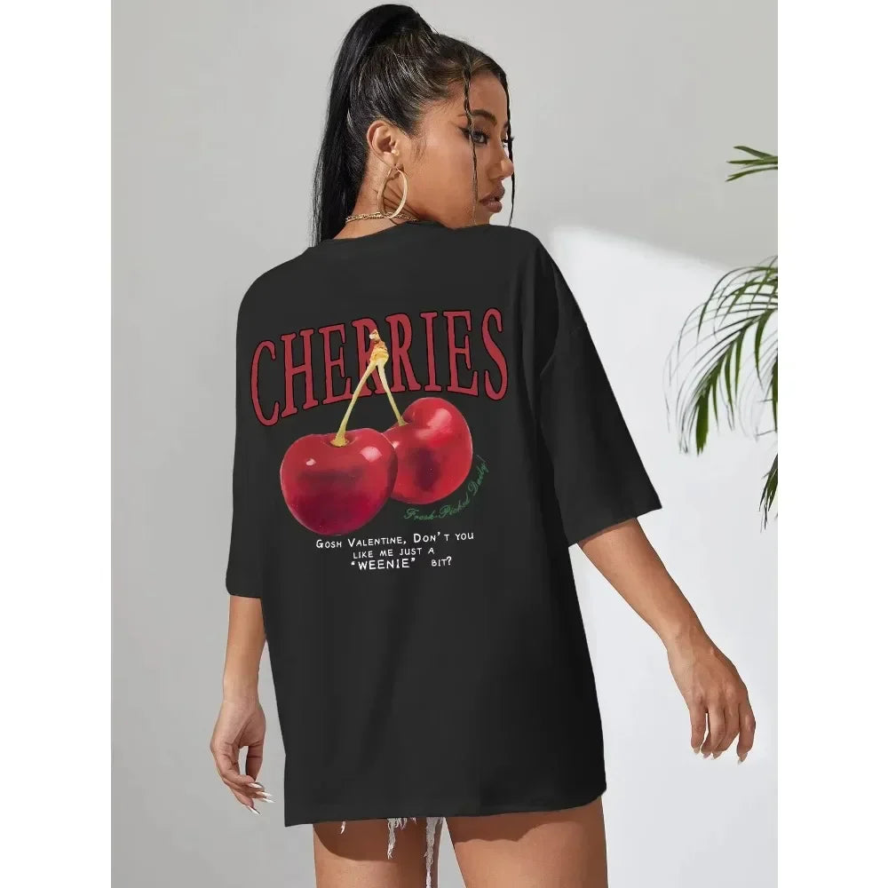 Cherry Print Loose Cotton Tshirt