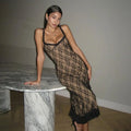 Mesh Lace Plunge Neck Midi Dress